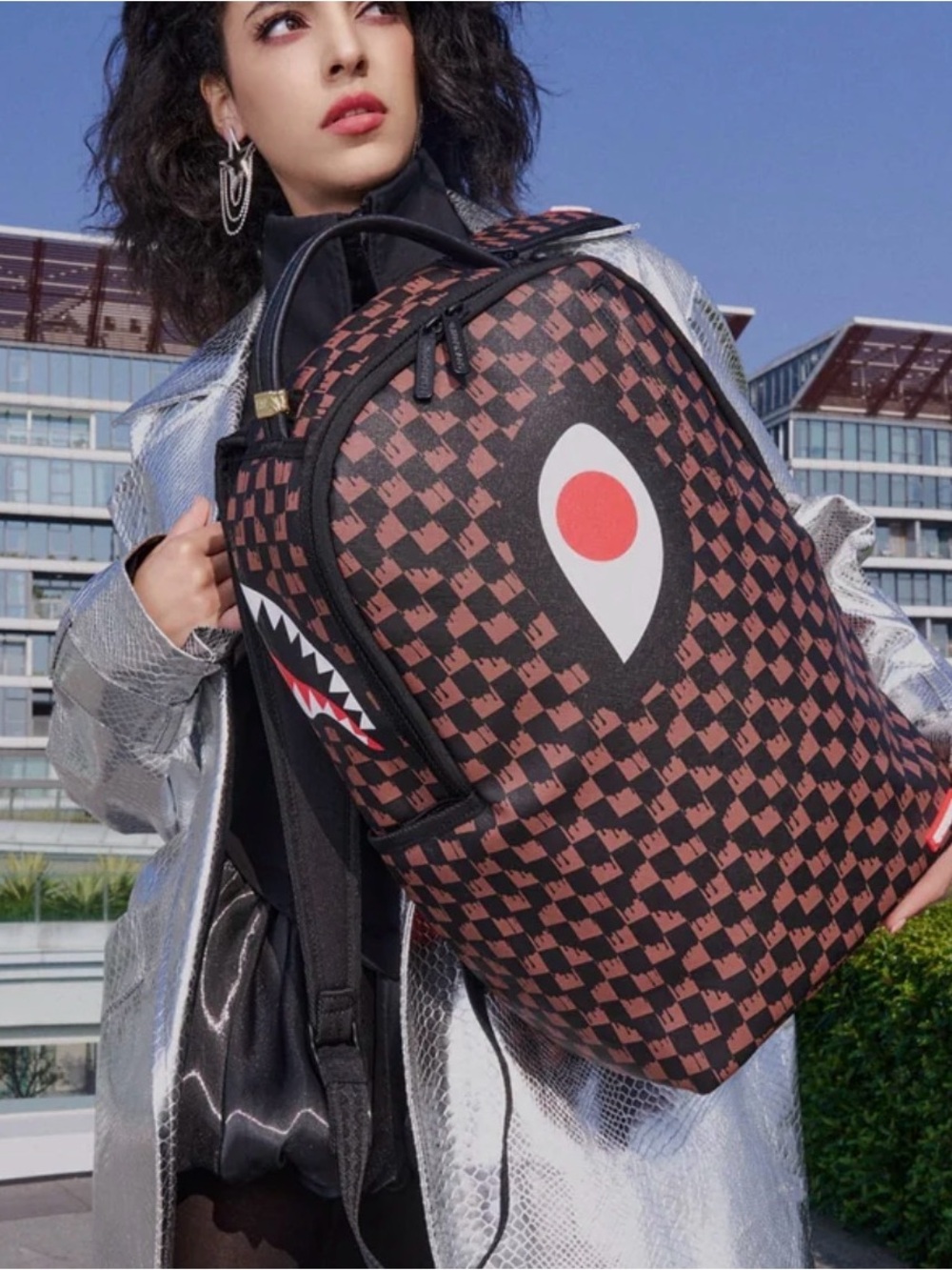 Sprayground Black & Brown Checkerboard Backpack with Graphic Eye